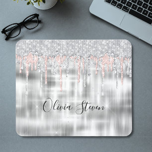 Elegant silver dripping glitter monogram mouse pad