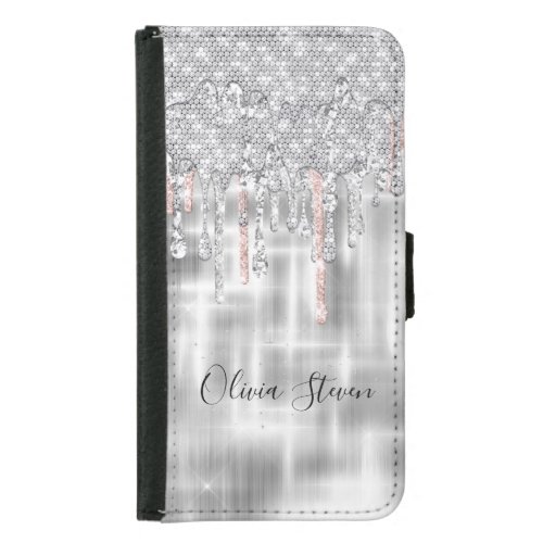 Elegant silver dripping glitter monogram samsung galaxy s5 wallet case