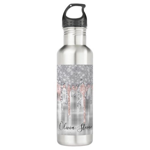 Elegant silver dripping glitter monogram stainless steel water bottle