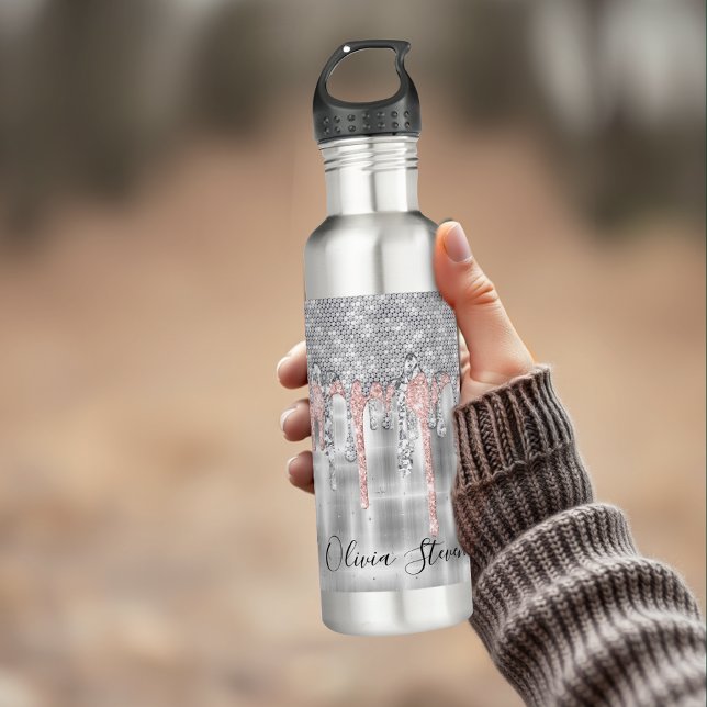 Elegant silver dripping glitter monogram stainless steel water bottle (Creator Uploaded)