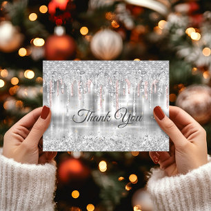 Elegant silver dripping glitter monogram thank you card