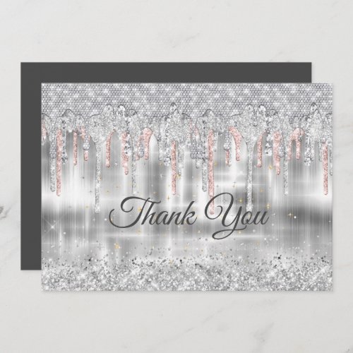 Elegant silver dripping glitter monogram thank you card