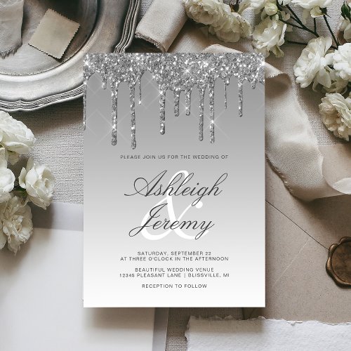 Elegant Silver Dripping Glitter Script Wedding Invitation