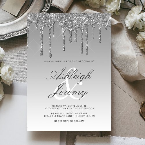 Elegant Silver Dripping Glitter Script Wedding Invitation