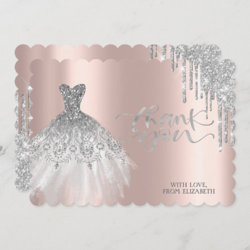 Elegant Silver Drips Chic Dress Rose Gold  Thank You Card