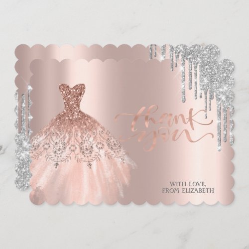 Elegant Silver Drips Dress Rose Gold Thank You Card