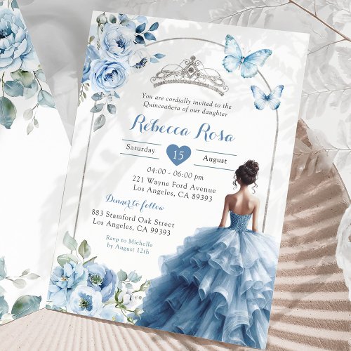 Elegant Silver Dusty Blue Butterfly Quinceaera Invitation