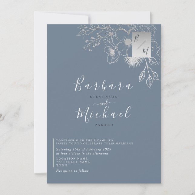 Elegant Silver Dusty Blue Monogram Wedding  Invitation (Front)