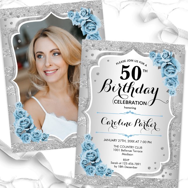 Elegant Silver Dusty Blue Photo 50th Birthday Invitation (Creator Uploaded)