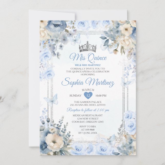 Elegant Silver & Dusty Blue Roses MIS QUINCE Invitation (Front)