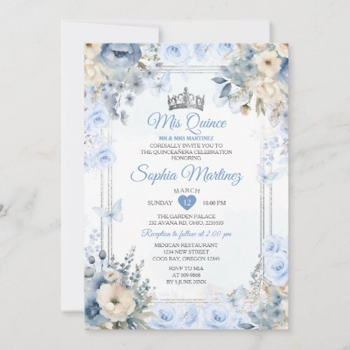 Elegant Silver  Dusty Blue Roses MIS QUINCE Invitation