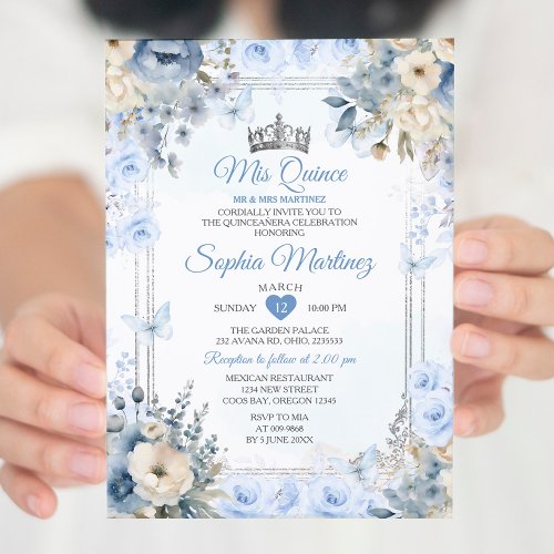 Elegant Silver  Dusty Blue Roses MIS QUINCE Invitation