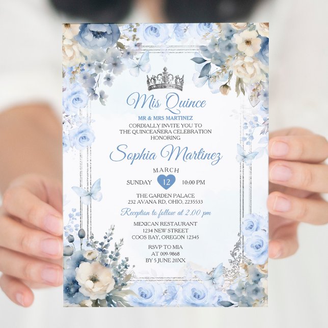 Elegant Silver & Dusty Blue Roses MIS QUINCE Invitation (Creator Uploaded)