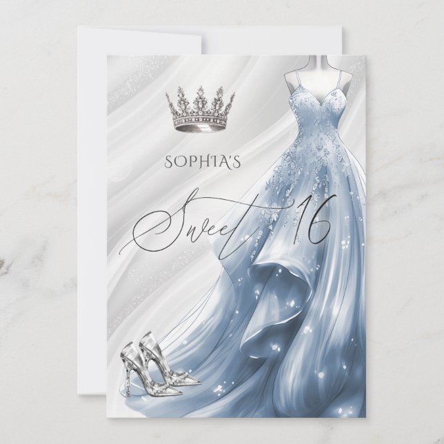 Elegant Silver Dusty Blue Sparkle Dress Sweet 16 Invitation (Front)