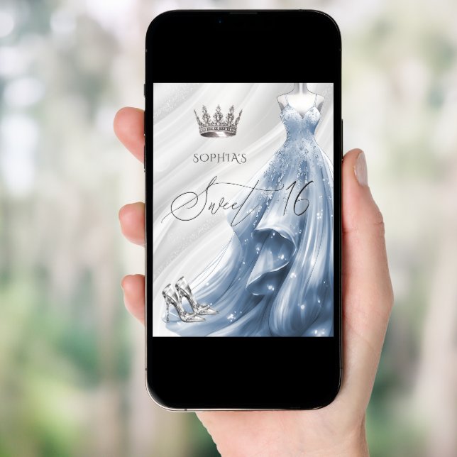 Elegant Silver Dusty Blue Sparkle Dress Sweet 16 Invitation (Front Digital)