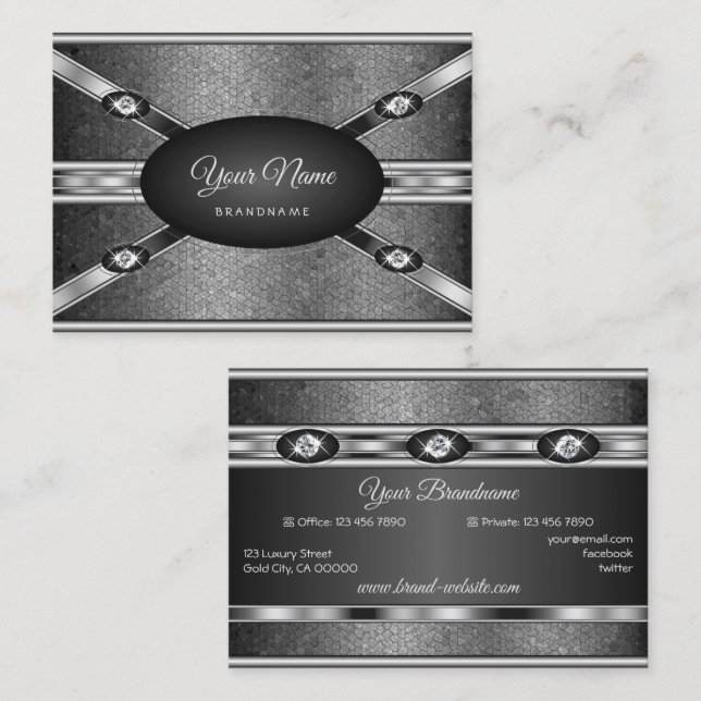 Elegant Silver Effect Pattern and Faux Rhinestones Business Card (Front/Back)