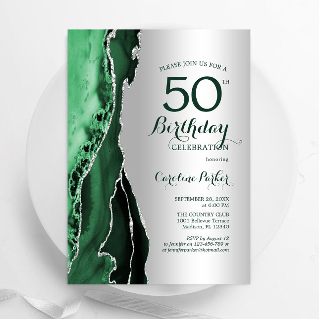 Elegant Silver Emerald Green Agate 50th Birthday Invitation (Creator Uploaded)