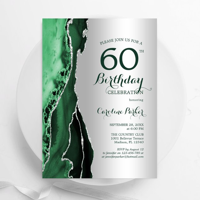 Elegant Silver Emerald Green Agate 60th Birthday Invitation (Creator Uploaded)