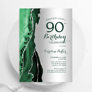 Elegant Silver Emerald Green Agate 90th Birthday Invitation