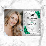 Elegant Silver Emerald Green Photo 50th Birthday Invitation<br><div class="desc">Elegant floral feminine 50th birthday invitation with your photo. Glam design with faux glitter silver. Features stripes, emerald green roses, script font and confetti. Perfect for a stylish adult bday celebration party. Personalise with your own details. Can be customised for any age! Printed Zazzle invitations or instant download digital printable...</div>