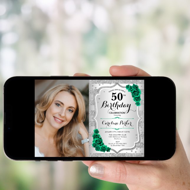 Elegant Silver Emerald Green Photo 50th Birthday Invitation (Front Digital)