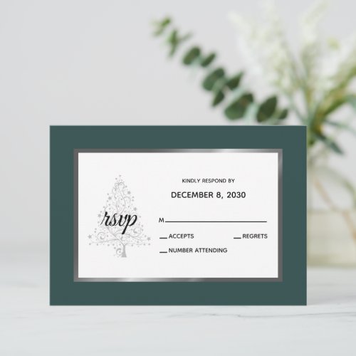 Elegant Silver Emerald Winter Holiday Wedding RSVP Card