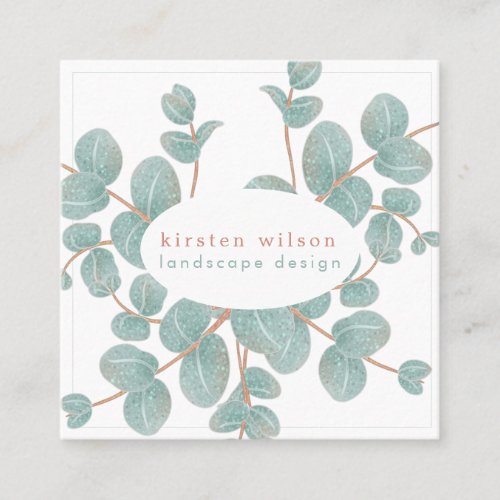 Elegant Silver Eucalyptus Branch _ Personalized Square Business Card