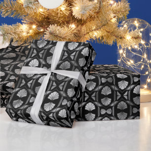 Elegant Silver Fan Grid Art Deco Pattern Design Wrapping Paper