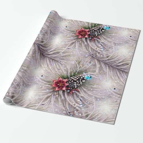 Elegant Silver Feather Bead Pearl Christmas Floral Wrapping Paper