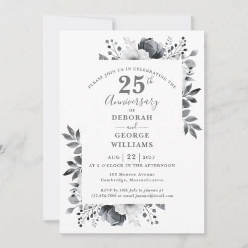 Elegant Silver Floral 25th Wedding Anniversary  Invitation