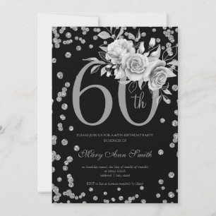 Elegant Silver Floral 60th Birthday Party Black Invitation