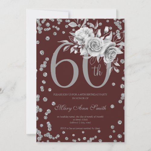 Elegant Silver Floral 60th Birthday Party Burgundy Invitation
