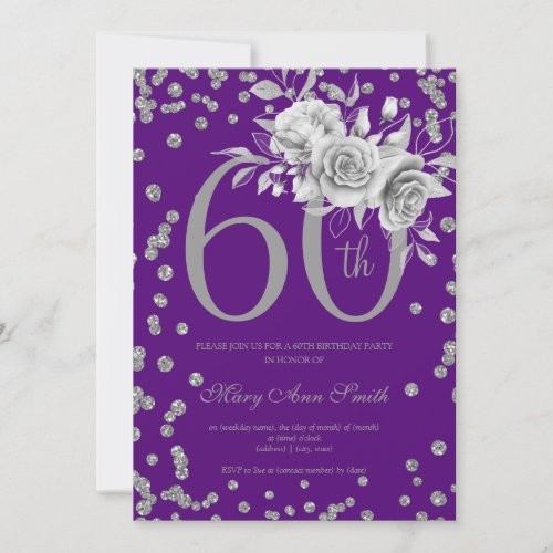 Elegant Silver Floral 60th Birthday Party Purple  Invitation