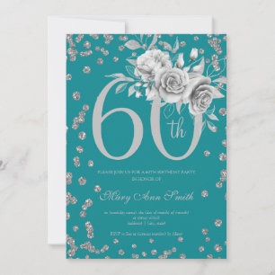 Elegant Silver Floral 60th Birthday Party Teal Invitation