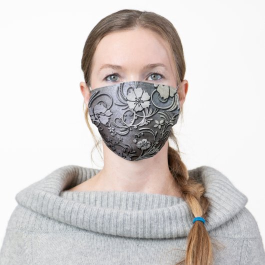 Elegant Silver Floral Adult Cloth Face Mask (Worn)