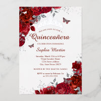 Elegant Silver Floral Butterfly Red Quinceanera