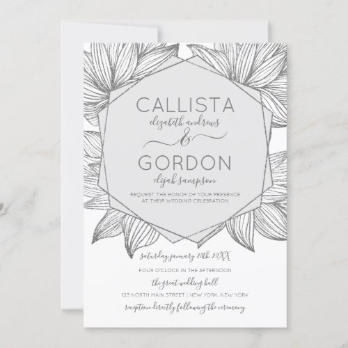 Elegant Silver Floral Hexagon Terrarium Wedding Invitation