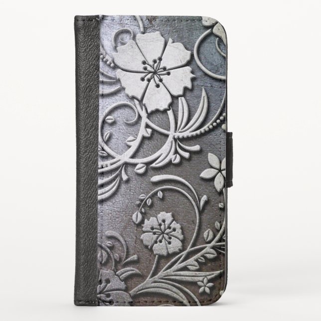 Elegant Silver Floral iPhone Wallet Case (Front)