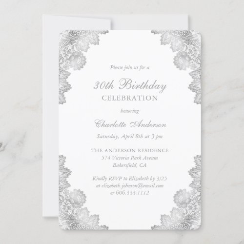 Elegant Silver Floral Lace 30th Birthday Invitation