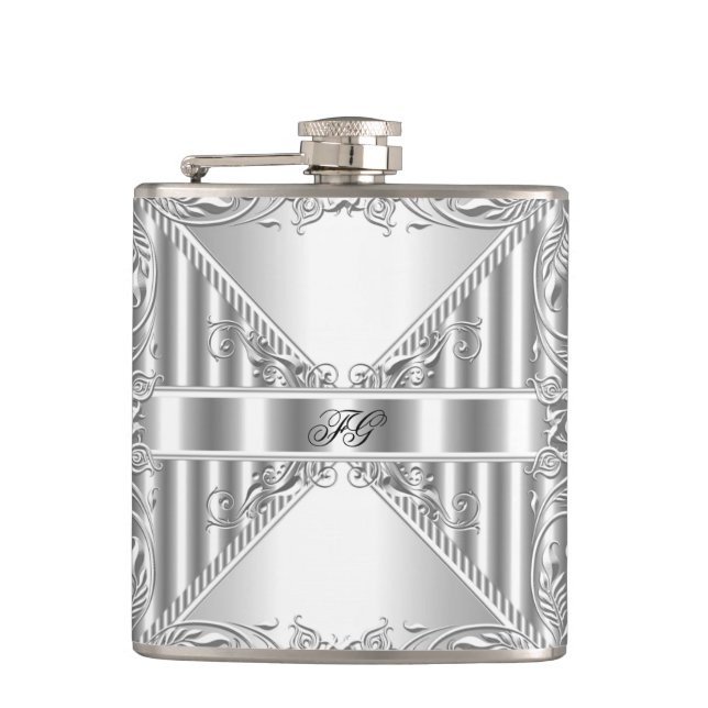 Elegant Silver Floral Metal look Monogram Name Hip Flask (Front)