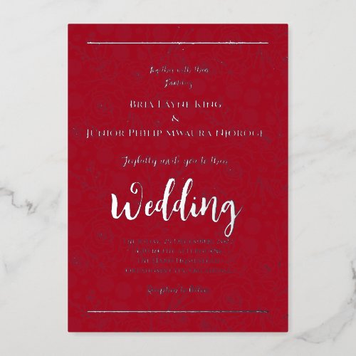 Elegant Silver Floral on Red Wedding Foil Invitation