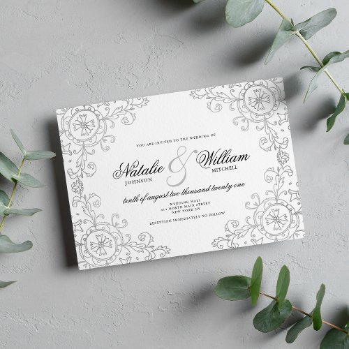 Elegant silver floral ornament classic wedding invitation