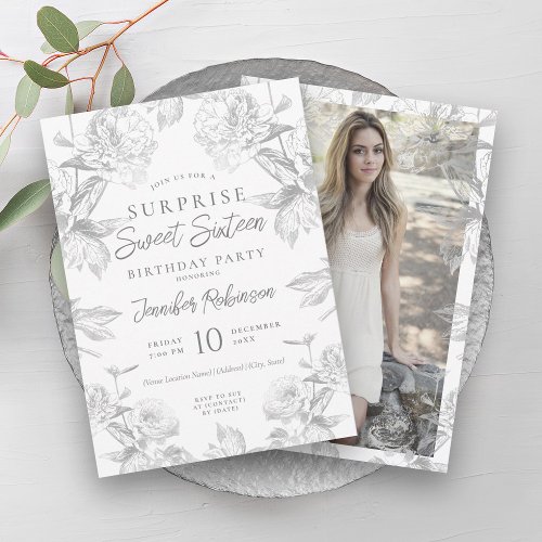 Elegant Silver Floral Photo SURPRISE Sweet 16   Invitation