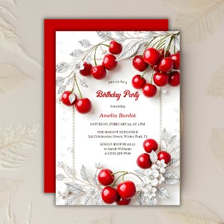 Elegant Silver Floral Red Cherry Birthday Party