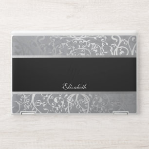 Elegant Silver Floral Swirls, Black - Personalized HP Laptop Skin