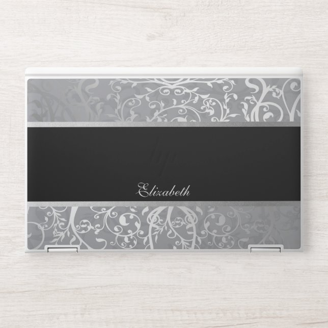 Elegant Silver Floral Swirls, Black - Personalized HP Laptop Skin (Front)