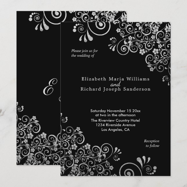 Elegant Silver Floral Swirls Black  Wedding Invitation (Front/Back)