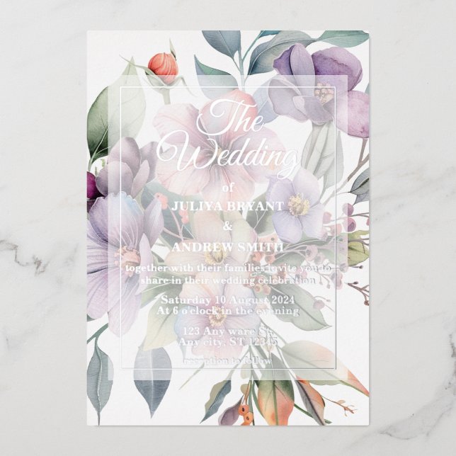 Elegant silver floral transparent  Wedding  Foil Invitation (Front)