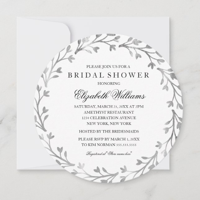 Elegant Silver Floral Wreath Bridal Shower Invite (Front)