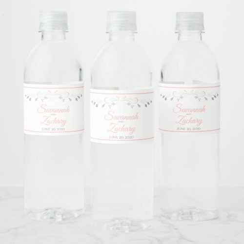 Elegant Silver Flourish Blush Pink Script Wedding  Water Bottle Label